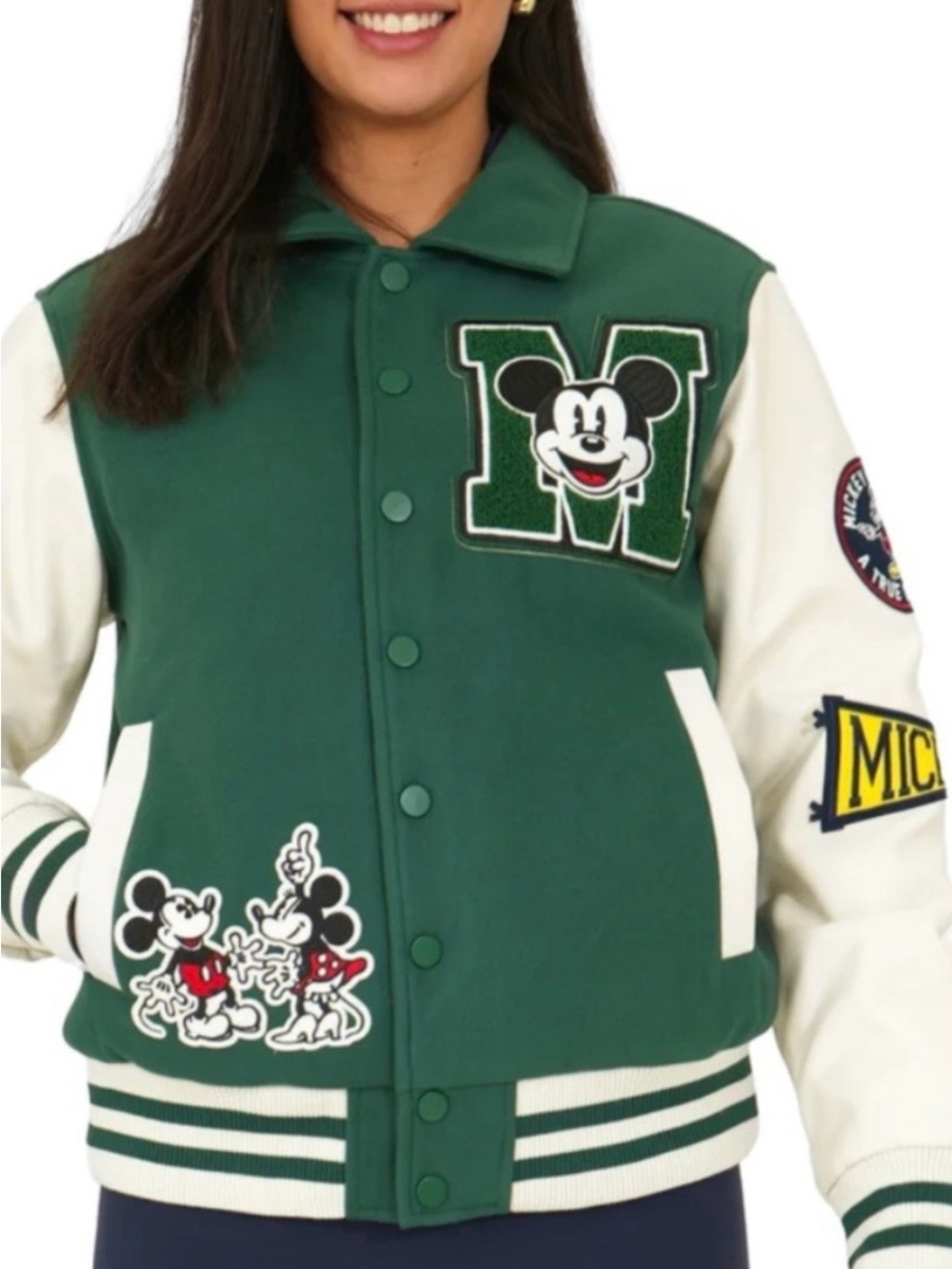 NWT Disney Mickey Mouse Green Varsity Letterman Jacket Unisex XL / 2XL